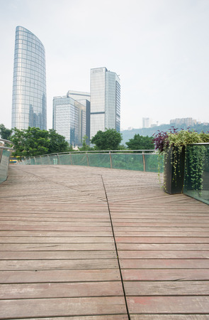 Wooden path with high-rise buildings,chongqing,chinaのeditorial素材