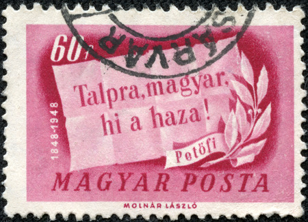 HUNGURY - CIRCA 1948: stamp printed by Hungary, shows slogan and olive branch, circa 1948のeditorial素材