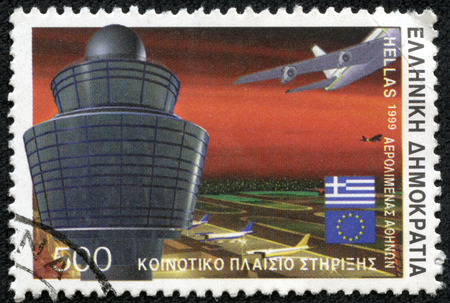 GREECE - CIRCA 1999: A stamp printed in Greece from the \ &quot;Community support framework \&quot; issue shows Athens International Airport \ &quot;Eleftherios Venizelos \&quot;, circa 1999.の写真素材