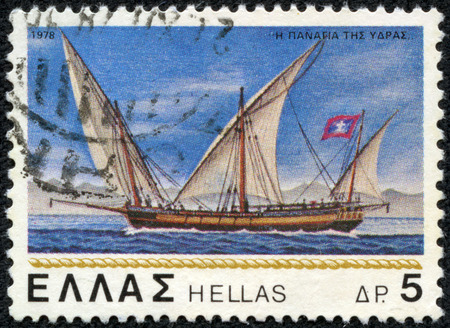 GREECE - CIRCA 1978: A stamp printed in Greece from the  \"Greek navy \" issue shows armed sailing caique  \"Panagia tis Ydras \", circa 1978.のeditorial素材