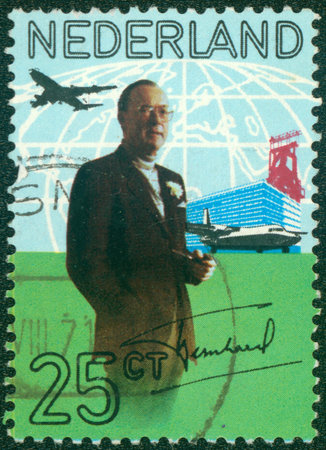 NETHERLANDS - CIRCA 1971: a stamp printed in the Netherlands shows Prince Bernhard of the Netherlands, Fokker F27, Boeing 747 B, 60th Birthday of Prince Bernhard, circa 1971のeditorial素材