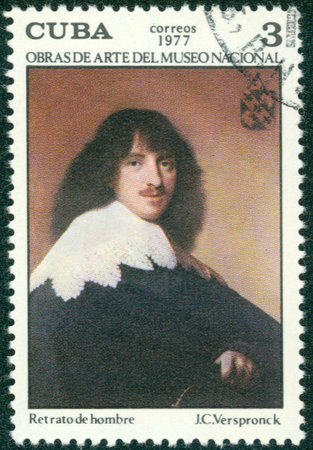 CUBA - CIRCA 1977: A stamp printed in Cuba shows image of artist JCVersponck \\ \"Portrait of the man \\\", series, circa 1977のeditorial素材