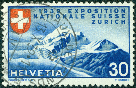 SWITZERLAND - CIRCA 1939: a stamp printed in the Switzerland shows Alpine Scenery, National Exposition of 1939, Zurich, circa 1939の写真素材