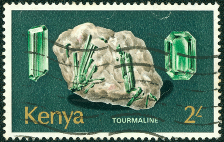 KENYA - CIRCA 1977: A stamp printed in Kenia shows minerals Found in Kenya Tourmeline, circa 1977..の写真素材