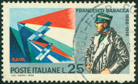 ITALY - CIRCA 1968: a stamp printed in the Italy show Major Francesco Baracca, World War I Aviator, Planes by Giacomo Balla, circa 1968のeditorial素材
