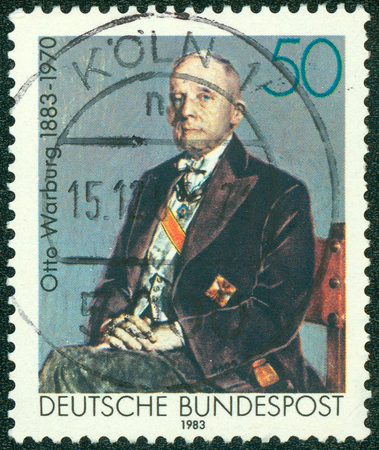 GERMANY - CIRCA 1983: A stamp printed in Germany shows Otto Heinrich Warburg - German physiologist, medical doctor and Nobel laureate, circa 1983のeditorial素材
