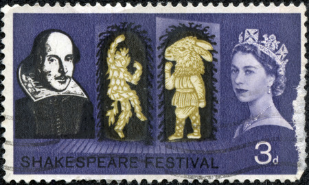 UNITED KINGDOM - CIRCA 1964: A stamp printed in United Kingdom from the "Shakespeare Festival " issue shows Puck and Bottom (A Midsummer Night's Dream), circa 1964.のeditorial素材