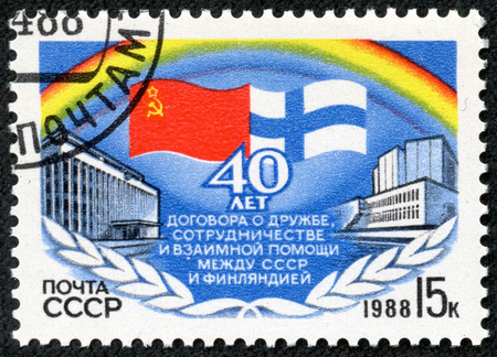 USSR - CIRCA 1988: A stamp printed in the USSR devoted to the treaty between the USSR and Finland, circa 1988の写真素材