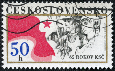 CZECHOSLOVAKIA - CIRCA 1986: A stamp printed in Czechoslovakia showing 65 years KSC, circa 1986のeditorial素材
