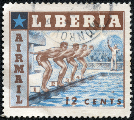 stamp printed in the Liberia shows Swimming, Sport, circa 1955の写真素材
