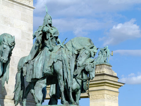 Equestian statue of Hungarian tribe chieftain Arpad at the base of the column in Heroes' Square, Budapestの写真素材