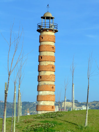 Old lighthouse on river Tagus in Belém district of Lisbonの写真素材