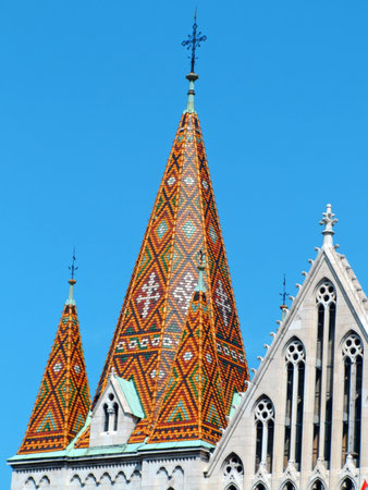 Upper detail of the facade of Matthias Church in Budapestの写真素材
