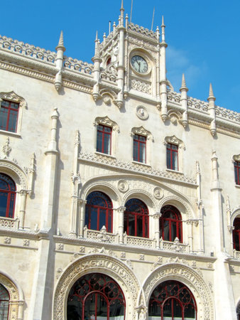Rossio Lisbon central station, main entrance. Located in the historical center of Lisbon, was built in the typical manueline gothic style.の写真素材
