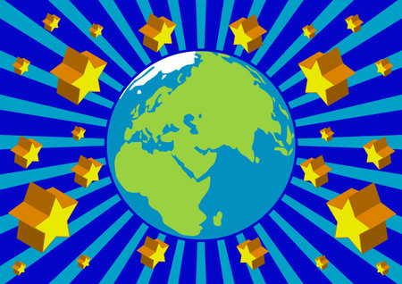 Stylized earth surrounded by 3D stars over a rayed backgroundのイラスト素材