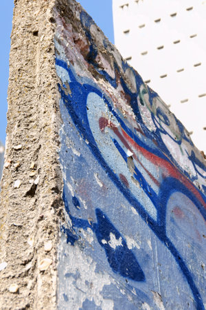 Berlin, Germany - April 16, 2009: ruins of Berlin Wall (in German, Berliner Mauer) in Potsdam Square (Potsdamer Platz) with graffiti art. This separation barrier was built in 1961 by East Germany government to separate Berlin East from Berlin West and preのeditorial素材