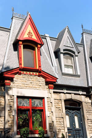 Colorful victorian houses in Saint-Louis Square called  Painted Ladies  in Montreal, Quebec, Canadaの写真素材