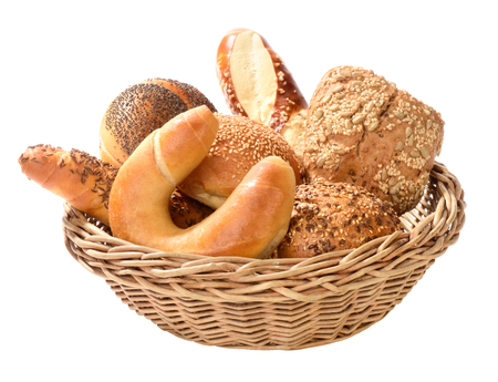 variety of bread rolls in basketの写真素材