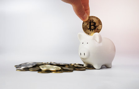 Bitcoin gold coin and piggy bank on white background. concept saving bitcoin for the future.の写真素材