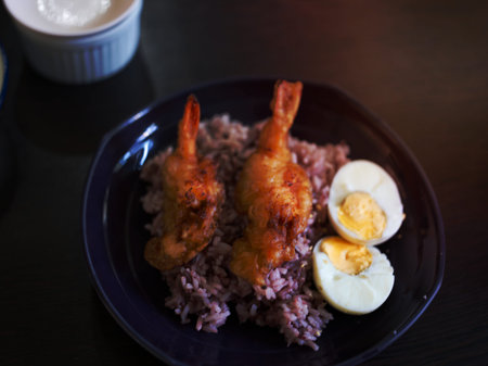 Deep-fried breaded shrimp or  fried prawn balls with boil egg  .  THAI FOODの写真素材