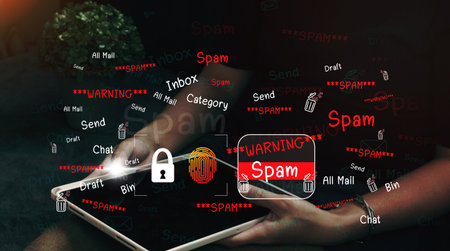 The concept of e-mail and computer viruses. Review the concepts of internet security, spam and e-marketing on screen. Spam email pop-up warnings.の写真素材