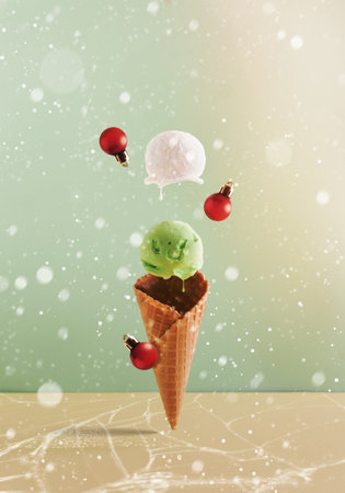 Deconstructed ice cream design with Christmas decoration around. Minimal snowy winter background. Christmas styled concept.の写真素材
