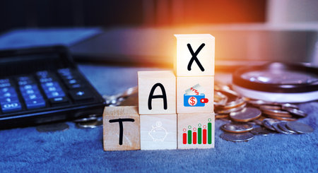 The Concept of taxes for car on block cubes paid by individuals and corporations such as VAT, income tax and property tax Data analysis, paperwork,Financial research.の写真素材