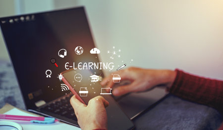 E-learning Internet Technology education concept online learning with webinars, video tutorials, internet lessonsの写真素材