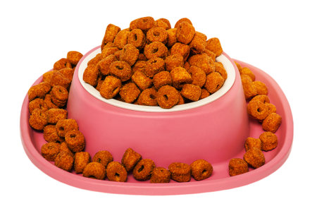 Dry food in pink bowl isolate on white. Food for pets, animals.の写真素材