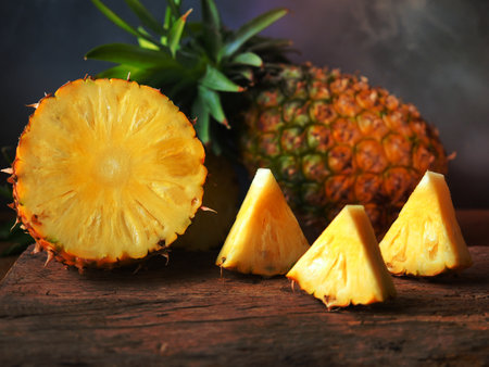 Ripe pineapple fruit cut in half and  triangle shape on rustic wooden table for high fiber fruits concept.の写真素材