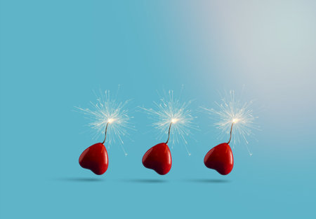 Read hearts with sparklers efect on a blue background. Love and Valentine's day minimal idea with copy space. Visually energetic concept.の写真素材