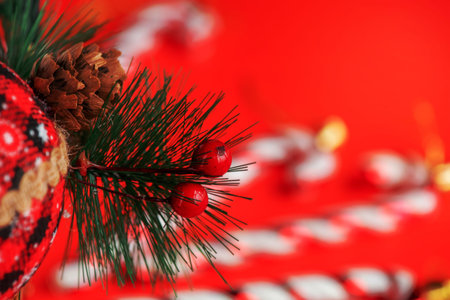 Christmas toy on a red background. New Year's ornament.の写真素材