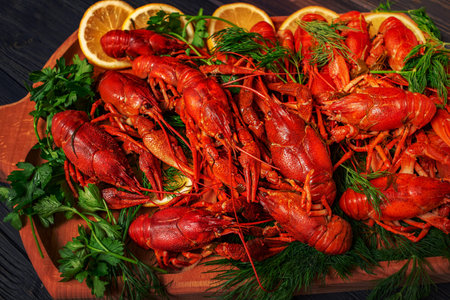 Tasty crayfish on a black wooden background. Red boiled crayfish with lemon and dill on a wooden board.の写真素材