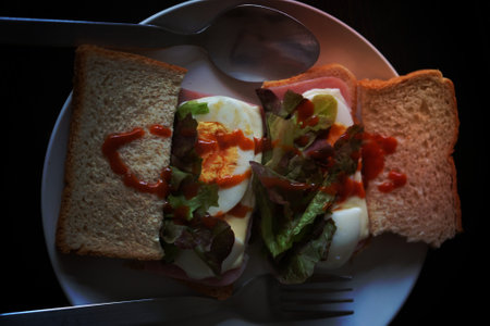 Sandwiches with egg, ham and toast cheese fried in white dishの写真素材