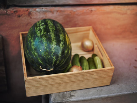 THAI market with various colorful fresh fruite and vegetables in wood boxの写真素材