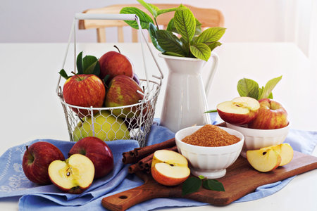 Baking and cooking with apple, sugar and cinnamonの写真素材
