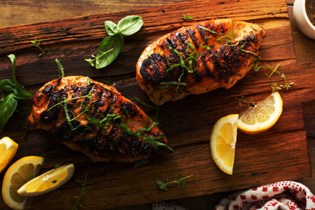 Balsamic grilled chicken breast with fresh herbs on a rustic wooden boardの写真素材