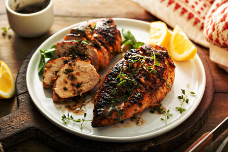 Balsamic grilled chicken breast with fresh herbs whole and sliced on a white plateの写真素材