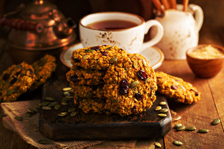 Breakfast oatmeal cookies with pumpkin puree, cranberry and seedsの写真素材