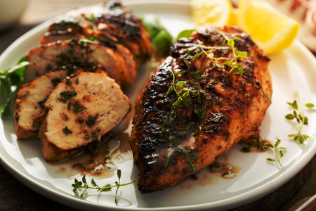 Balsamic grilled chicken breast with fresh herbs whole and sliced on a white plateの写真素材