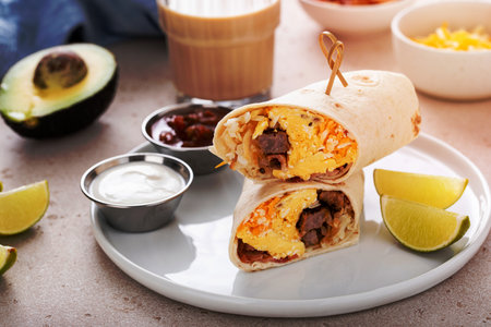 Breakfast burrito with sausage, scrambled eggs, hashbrown potatoes and cheeseの写真素材
