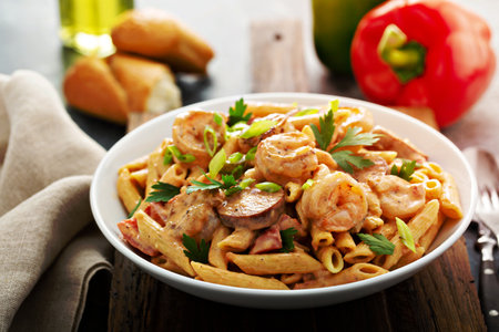 Cajun shrimp and sausage penne pasta in a bowlの写真素材