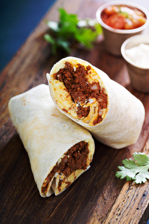 Breakfast burrito with spicy chorizo and eggの写真素材