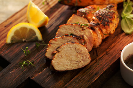 Balsamic grilled chicken breast with fresh herbs sliced on a rustic wooden boardの写真素材