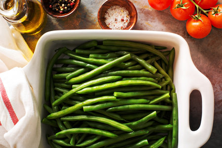 Blanched green beans in a baking dish, healthy side dishの写真素材