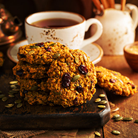 Breakfast oatmeal cookies with pumpkin puree, cranberry and seedsの写真素材