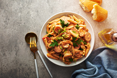 Cajun shrimp and sausage penne pasta in a bowlの写真素材