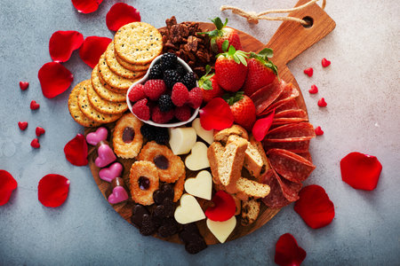 Cheese plate or snack board for Valentines day with cookies and fruitの写真素材