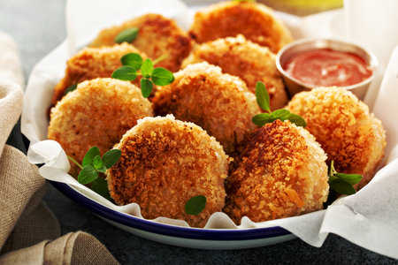 Chicken patties or fish cakes fried in breadcrumbs with ketchupの写真素材