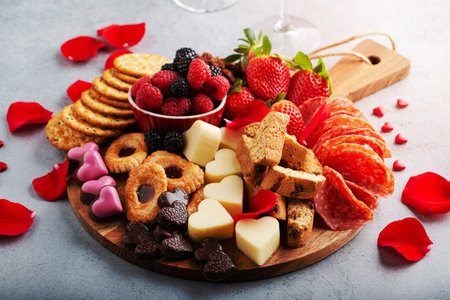 Cheese plate or snack board for Valentines day with cookies and fruitの写真素材